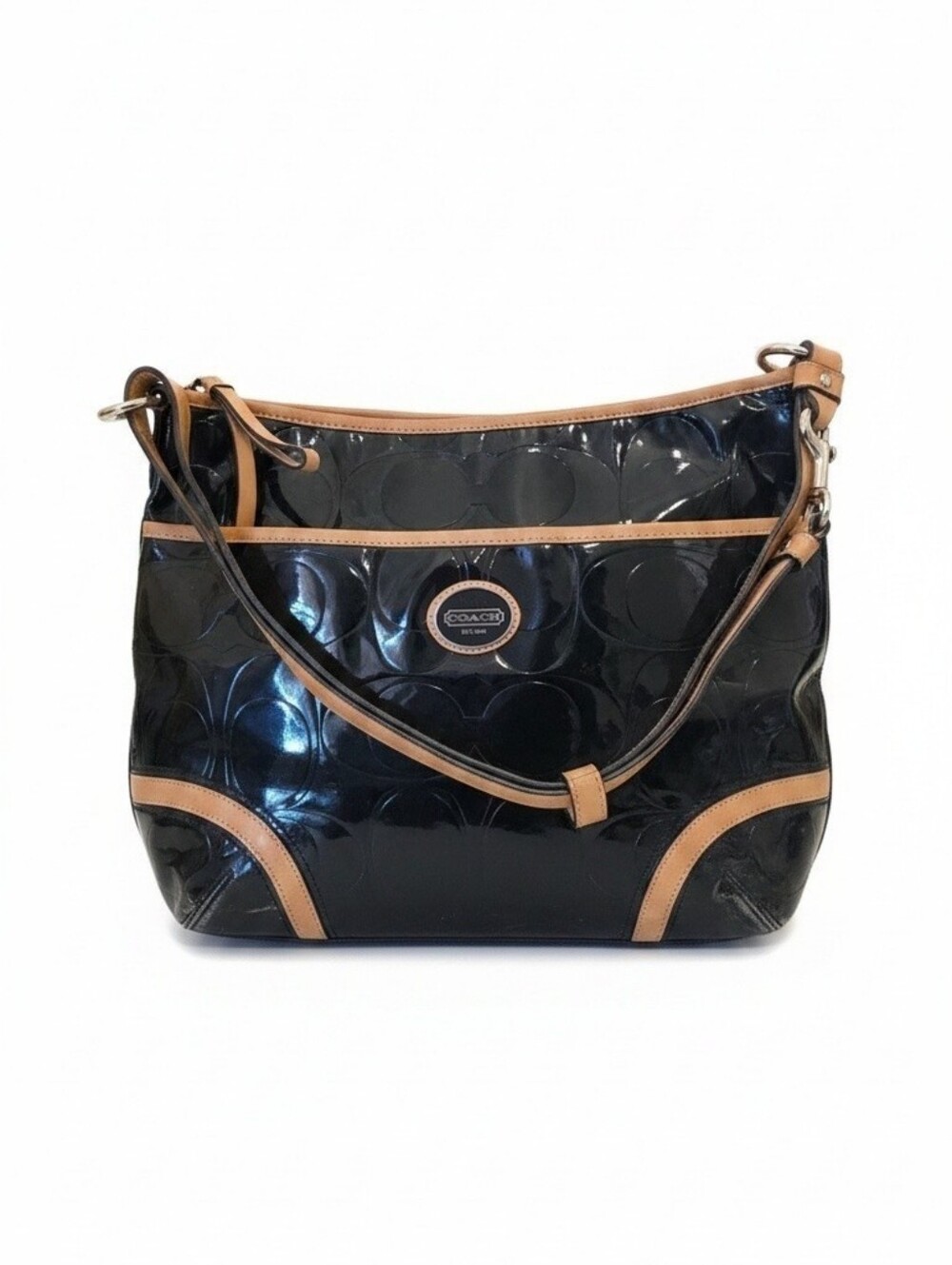 Coach Peyton Black Patent Leather Hobo with Tan Trim